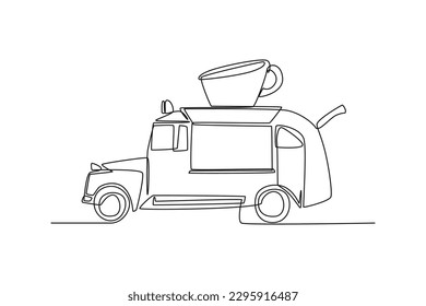 Continuous one line drawing Food truck vehicle coffee shop on the truck. Vans for street food selling. Car concept. Single line draw design vector graphic illustration.