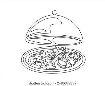 Continuous one line drawing of food tray with Meat with vegetables dish. Vegetable salad. . Food in a restaurant.  One Line Art isolated white background.