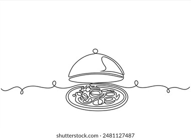 Kontinuierliche Einzeilenzeichnung von Essensschale mit Fleisch mit Gemüse Gericht. Gemüsesalat. . Essen in einem Restaurant. One Line Art isolierter weißer Hintergrund.	