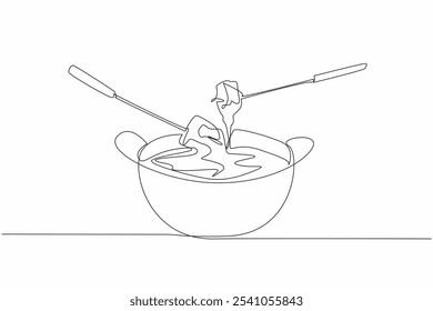 Uma linha contínua desenhando alimentos mergulhados em queijo líquido em uma panela. Especialidades suíças quando chega o inverno. Aquecimento da atmosfera. Dia Nacional do Queijo. Ilustração de vetor de design de desenho de linha única