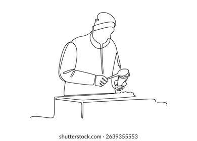Continuous one line drawing of food court vendors are preparing food. Food corner minimalist concept. Food and drink.