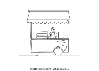 Continuous one line drawing of Foodstreet cart stands with sellers. Food corner minimalist concept. Food and drink.