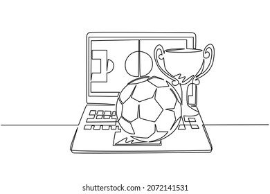 Continuous one line drawing football field on screen laptop with soccer cup and football ball. Laptop with app soccer. Online sports stream championship. Single line draw design vector illustration