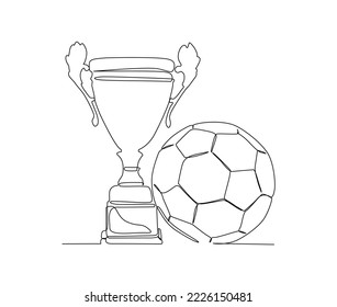 Continuous one line drawing of football ball and trophy. Football trophy simple line art vector design.