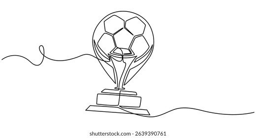 Continuous one line drawing of football ball and trophy. Football trophy simple line art vector design, Continuous one line drawing trophy and football ball. Champion cup icon with soccer ball.