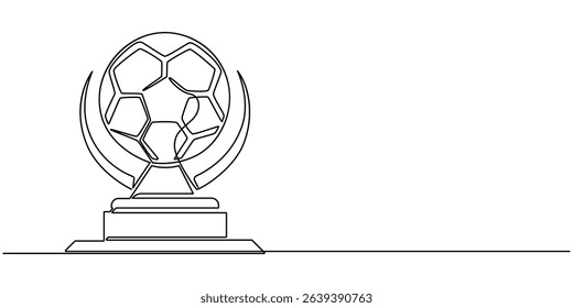 Continuous one line drawing of football ball and trophy. Football trophy simple line art vector design, Continuous one line drawing trophy and football ball. Champion cup icon with soccer ball.