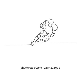 Desenho contínuo de uma linha de um momento de jogo de futebol. Dois jogadores em ação, capturados em estilo minimalista. Perfeito para ilustrações de vetor de esportes e cartazes.