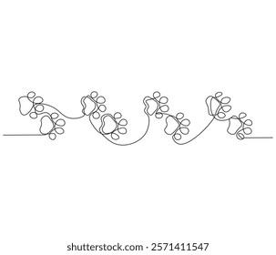 Continuous one line drawing of footprint pet, dog or cat. Paw prints. Single line drawing illustration of Foot marks . style Concept vector art. Doodle line illustration.