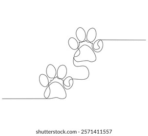 Continuous one line drawing of footprint pet, dog or cat. Paw prints. Single line drawing illustration of Foot marks . style Concept vector art. Doodle line illustration.