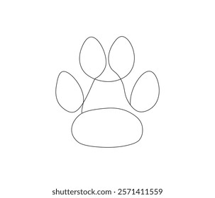 Continuous one line drawing of footprint pet, dog or cat. Paw prints. Single line drawing illustration of Foot marks . style Concept vector art. Doodle line illustration.