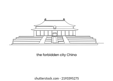 Una línea continua dibujando la Ciudad Prohibida en Beijing, China. Concepto de monumentos. Ilustración gráfica vectorial de diseño de líneas simples.