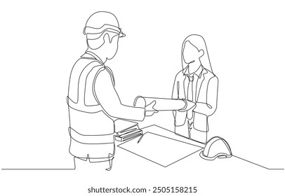 Dibujo continuo de una línea del capataz del constructor que recibe el plan de construcción del ingeniero femenino, el ingeniero civil y el concepto de trabajo de construcción, arte de una sola línea.