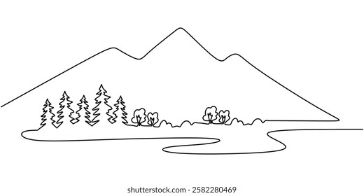 Continuous one line drawing of a forest at the base of mountains. Concept of adventure, serenity, and scenic views. Vector illustration hand drawn.