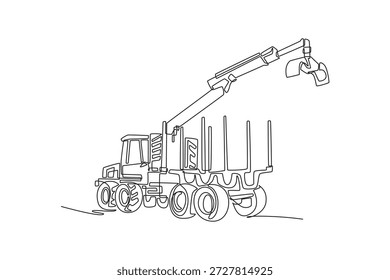 Forst-Erntemaschine oder Holzspreizer mit durchgehender Linie. Gelenkkran, spezialisierte Maschinen für die Holzernte, Transport. Vektorgrafik mit einfarbiger Zeichnung