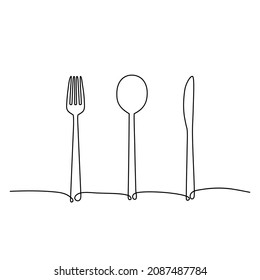 Continuous one line drawing of fork, spoon and knife. Vector illustration 