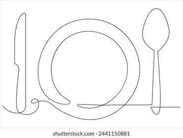 Continuous one line drawing of fork knife spoon and plate out line vector art illustration 