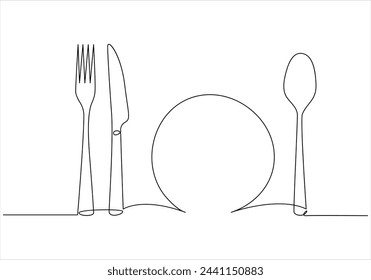 Continuous one line drawing of fork knife spoon and plate out line vector art illustration 