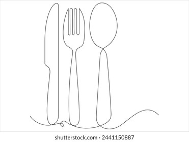 Kontinuierliche eine Linie Zeichnung von Gabelmesser Löffel und Platte aus Linie Vektor-Kunst Illustration 