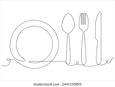 Continuous one line drawing of fork knife spoon and plate out line vector art illustration 