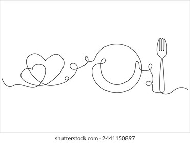 Continuous one line drawing of fork knife spoon and plate out line vector art illustration 