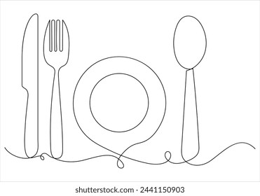 Dibujo continuo de una línea de la cuchara del cuchillo de la horquilla e ilustración vectorial de la línea de la placa hacia fuera 