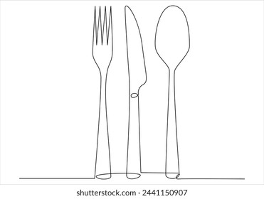 Continuous one line drawing of fork knife spoon and plate out line vector art illustration 