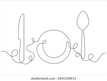 Continuous one line drawing of fork knife spoon and plate out line vector art illustration 