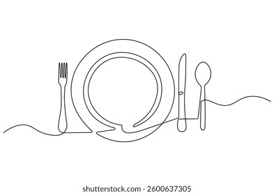 Continuous one line drawing of fork, plate, knife and spoon. Single line drawing illustration Cutlery set. Hotel and Restaurant concept vector art. Line vector illustration.