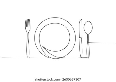 Continuous one line drawing of fork, plate, knife and spoon. Single line drawing illustration Cutlery set. Hotel and Restaurant concept vector art. Line vector illustration.