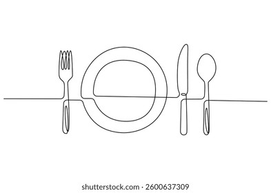Continuous one line drawing of fork, plate, knife and spoon. Single line drawing illustration Cutlery set. Hotel and Restaurant concept vector art. Line vector illustration.