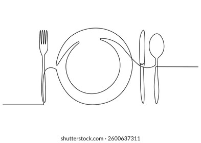 Continuous one line drawing of fork, plate, knife and spoon. Single line drawing illustration Cutlery set. Hotel and Restaurant concept vector art. Line vector illustration.