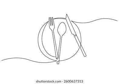 Continuous one line drawing of fork, plate, knife and spoon. Single line drawing illustration Cutlery set. Hotel and Restaurant concept vector art. Line vector illustration.