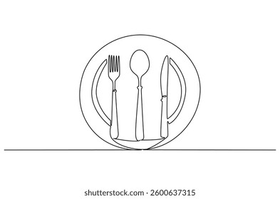 Continuous one line drawing of fork, plate, knife and spoon. Single line drawing illustration Cutlery set. Hotel and Restaurant concept vector art. Line vector illustration.