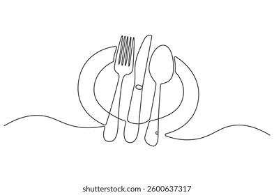 Continuous one line drawing of fork, plate, knife and spoon. Single line drawing illustration Cutlery set. Hotel and Restaurant concept vector art. Line vector illustration.