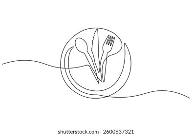 Continuous one line drawing of fork, plate, knife and spoon. Single line drawing illustration Cutlery set. Hotel and Restaurant concept vector art. Line vector illustration.
