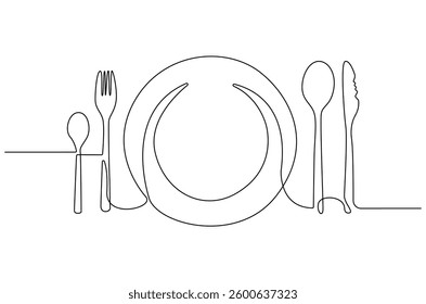 Continuous one line drawing of fork, plate, knife and spoon. Single line drawing illustration Cutlery set. Hotel and Restaurant concept vector art. Line vector illustration.