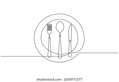 Desenho contínuo de uma linha de garfo, placa, faca e colher. Ilustração de desenho de linha única Conjunto de talheres, desenho contínuo de uma linha da ilustração de arte de contorno de faca e garfo.