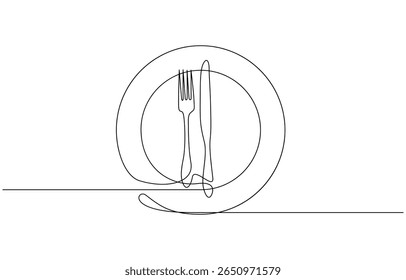 Desenho contínuo de uma linha de garfo, placa, faca e colher. Ilustração de desenho de linha única Conjunto de talheres, desenho contínuo de uma linha da ilustração de arte de contorno de faca e garfo.