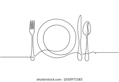Desenho contínuo de uma linha de garfo, placa, faca e colher. Ilustração de desenho de linha única Conjunto de talheres, desenho contínuo de uma linha da ilustração de arte de contorno de faca e garfo.