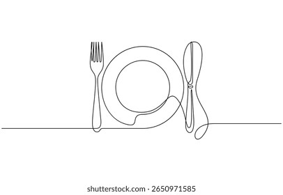Desenho contínuo de uma linha de garfo, placa, faca e colher. Ilustração de desenho de linha única Conjunto de talheres, desenho contínuo de uma linha da ilustração de arte de contorno de faca e garfo.