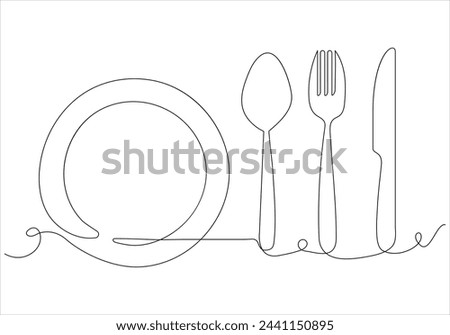 Continuous one line drawing of fork knife spoon and plate out line vector art illustration 