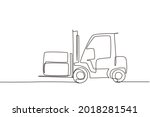 Continuous one line drawing forklift truck with boxes. Heavy automobile. Construction industry and machinery concept. Children's toy forklift truck. Single line draw design vector graphic illustration