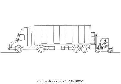 Continuous one line drawing of forklift loading goods into container truck, logistics, transportation and warehousing concept, single line art.