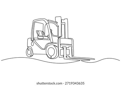Dibujo continuo de una línea de la carretilla elevadora. Ilustración de dibujo de una sola línea de la carretilla elevadora eléctrica potente. Almacenaje y logística en el Arte vectorial de concepto de stock. ilustración de línea Doodle.