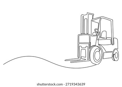 Dibujo continuo de una línea de la carretilla elevadora. Ilustración de dibujo de una sola línea de la carretilla elevadora eléctrica potente. Almacenaje y logística en el Arte vectorial de concepto de stock. ilustración de línea Doodle.
