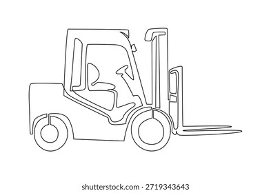 Kontinuierliche einzeilige Zeichnung des Staplers. Einzeilige Zeichnung Illustration von Powerful elektrischen Gabelstapler. Lager und Logistik im Lagerkonzept, Vektorgrafik. Doodle-Linie.