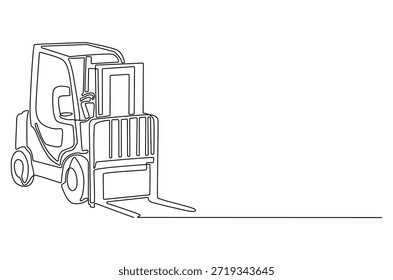 Dibujo continuo de una línea de la carretilla elevadora. Ilustración de dibujo de una sola línea de la carretilla elevadora eléctrica potente. Almacenaje y logística en el Arte vectorial de concepto de stock. ilustración de línea Doodle.