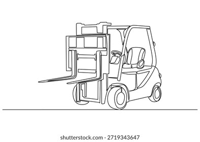 Continuous one line drawing of Forklift truck. Single line drawing illustration of Powerful electric forklift. Warehousing and Logistics in stock concept vector art. Doodle line illustration.