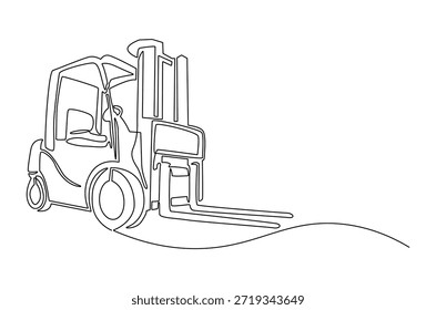 Dibujo continuo de una línea de la carretilla elevadora. Ilustración de dibujo de una sola línea de la carretilla elevadora eléctrica potente. Almacenaje y logística en el Arte vectorial de concepto de stock. ilustración de línea Doodle.