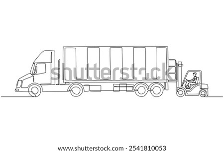 Continuous one line drawing of forklift loading goods into container truck, logistics, transportation and warehousing concept, single line art.
